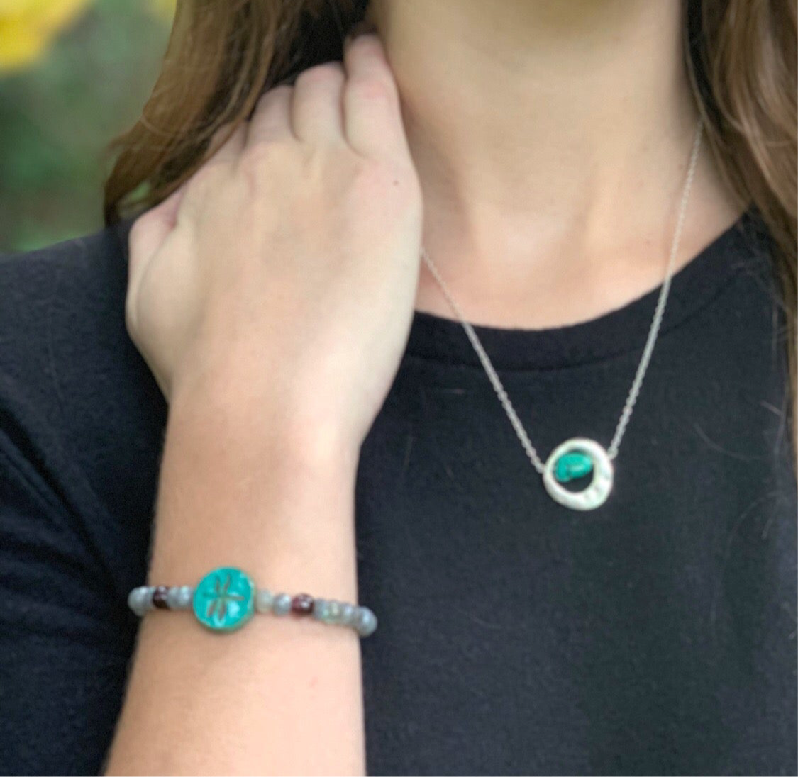 African Turquoise Wavy Framed Sterling Silver Necklace