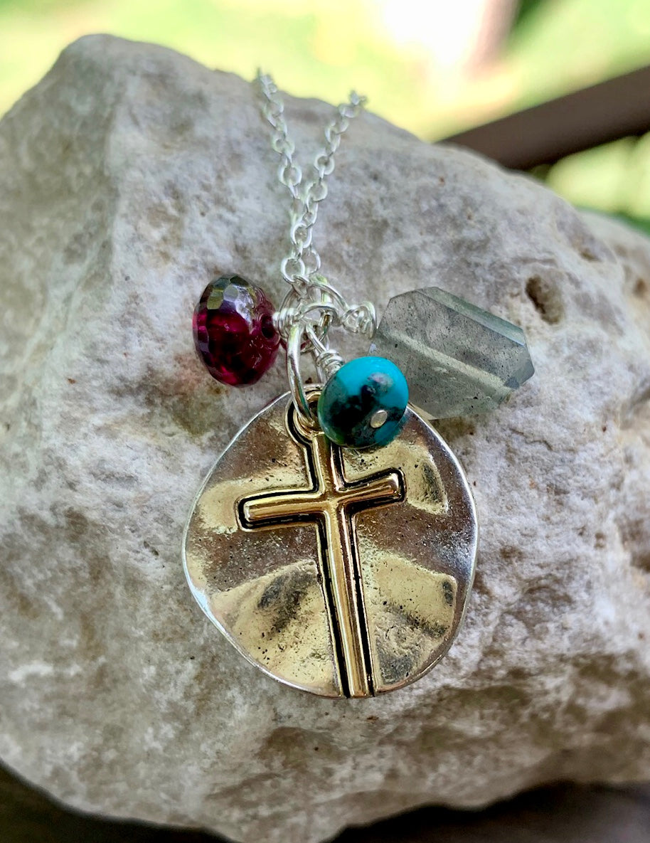 Labradorite, garnet and African turquoise Gemstone and Cross pendant Necklace