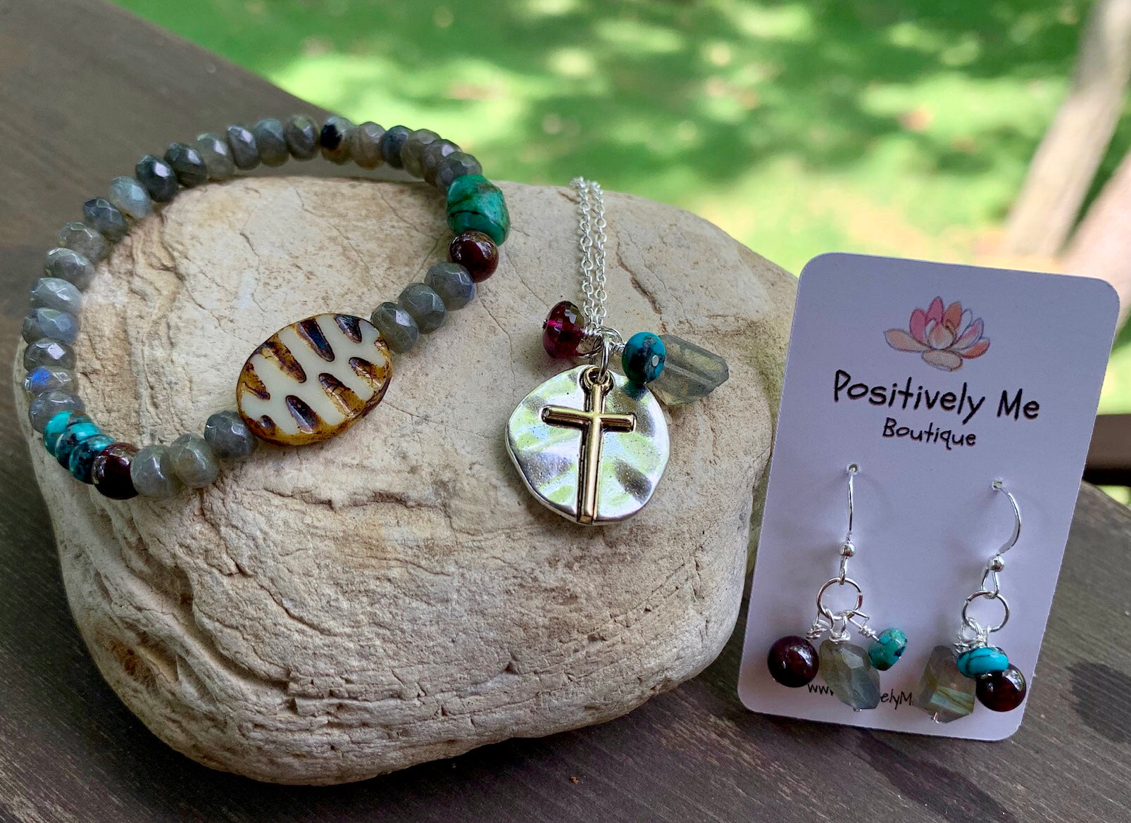 Labradorite, garnet and African turquoise Gemstone and Cross pendant Necklace