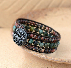 African Turquoise and Jasper Leather Cuff Bracelet