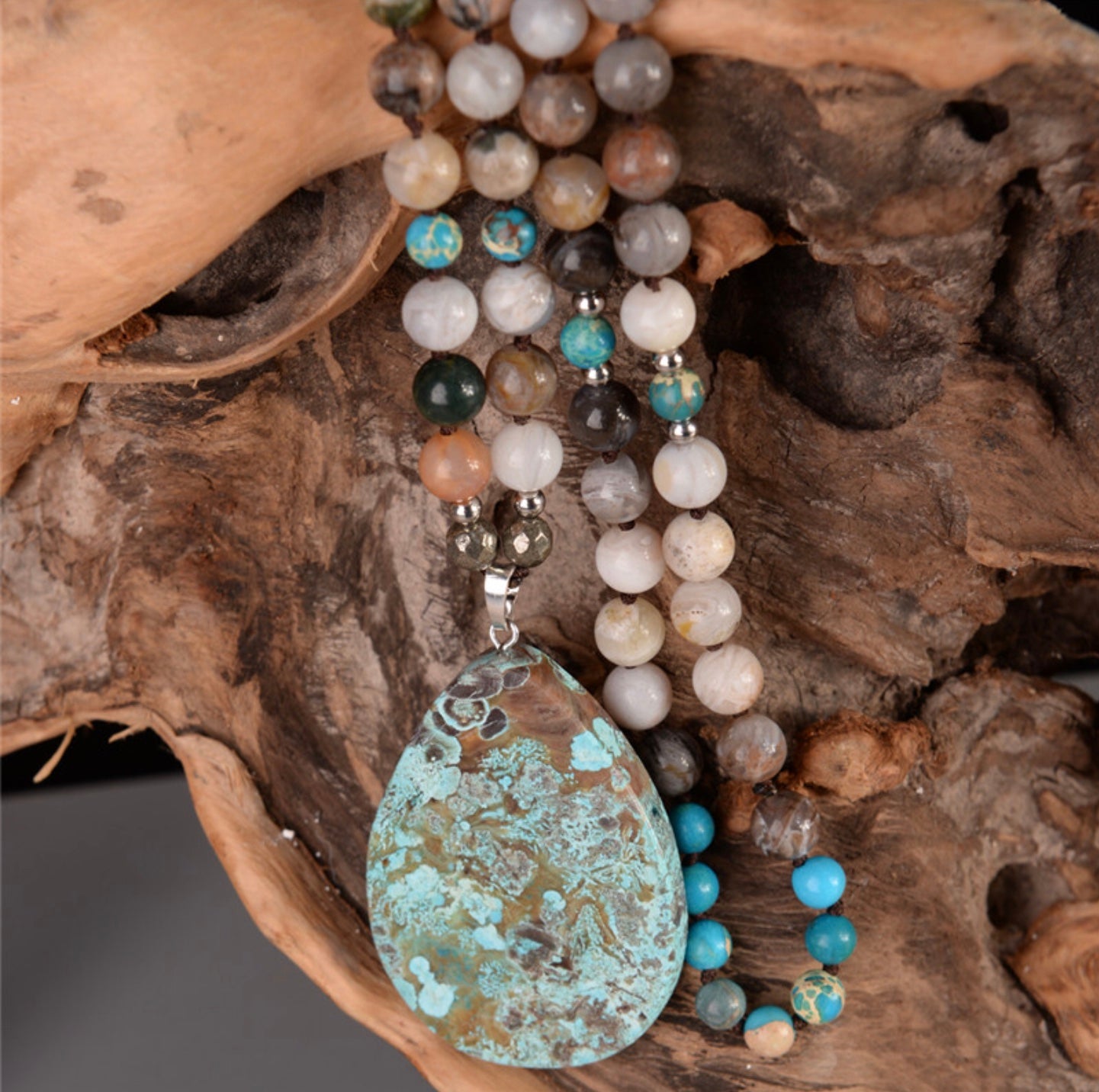 Jasper, Pyrite and Onyx Natural Gemstone Handmade Necklace