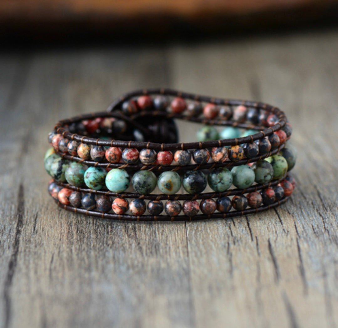 African Turquoise and Jasper Leather Cuff Bracelet
