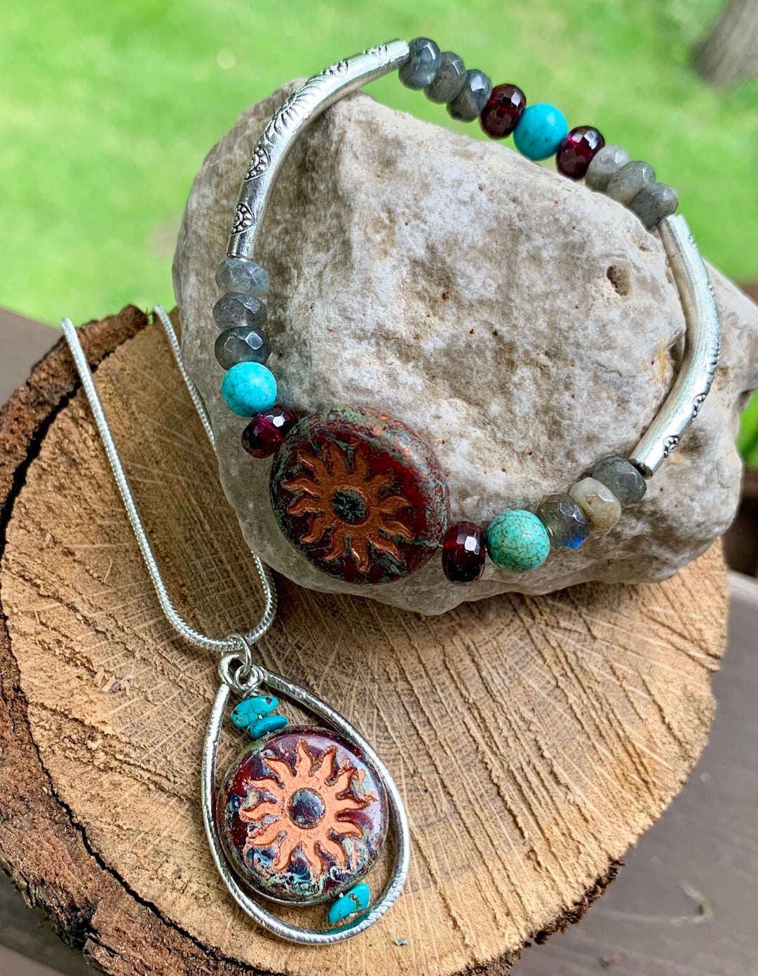 Rise Up Czech Glass and Turquoise Pendant