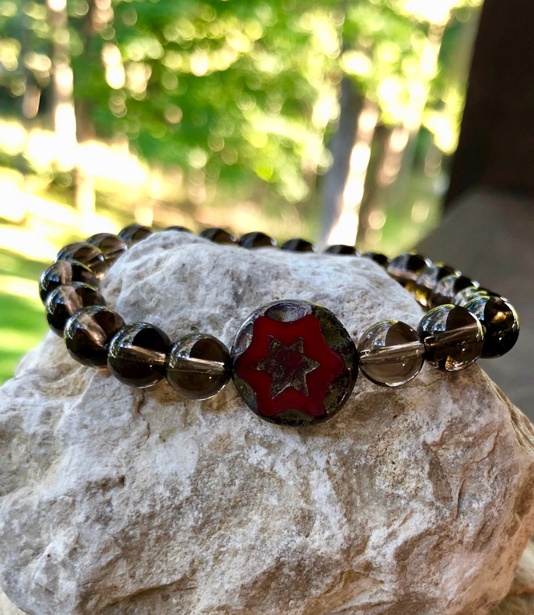 Czech glass star bead and Smoky Quartz Balance Bracelet