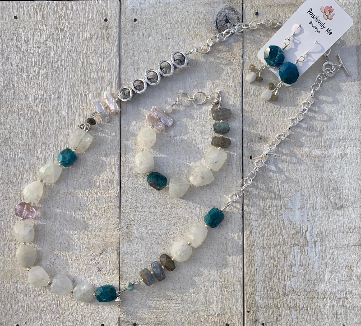 Moonstone, Labradorite, Blue Apatite and Pearl Bracelet