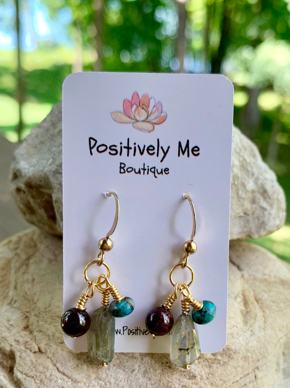 Labradorite, garnet and African turquoise Gemstone Earrings
