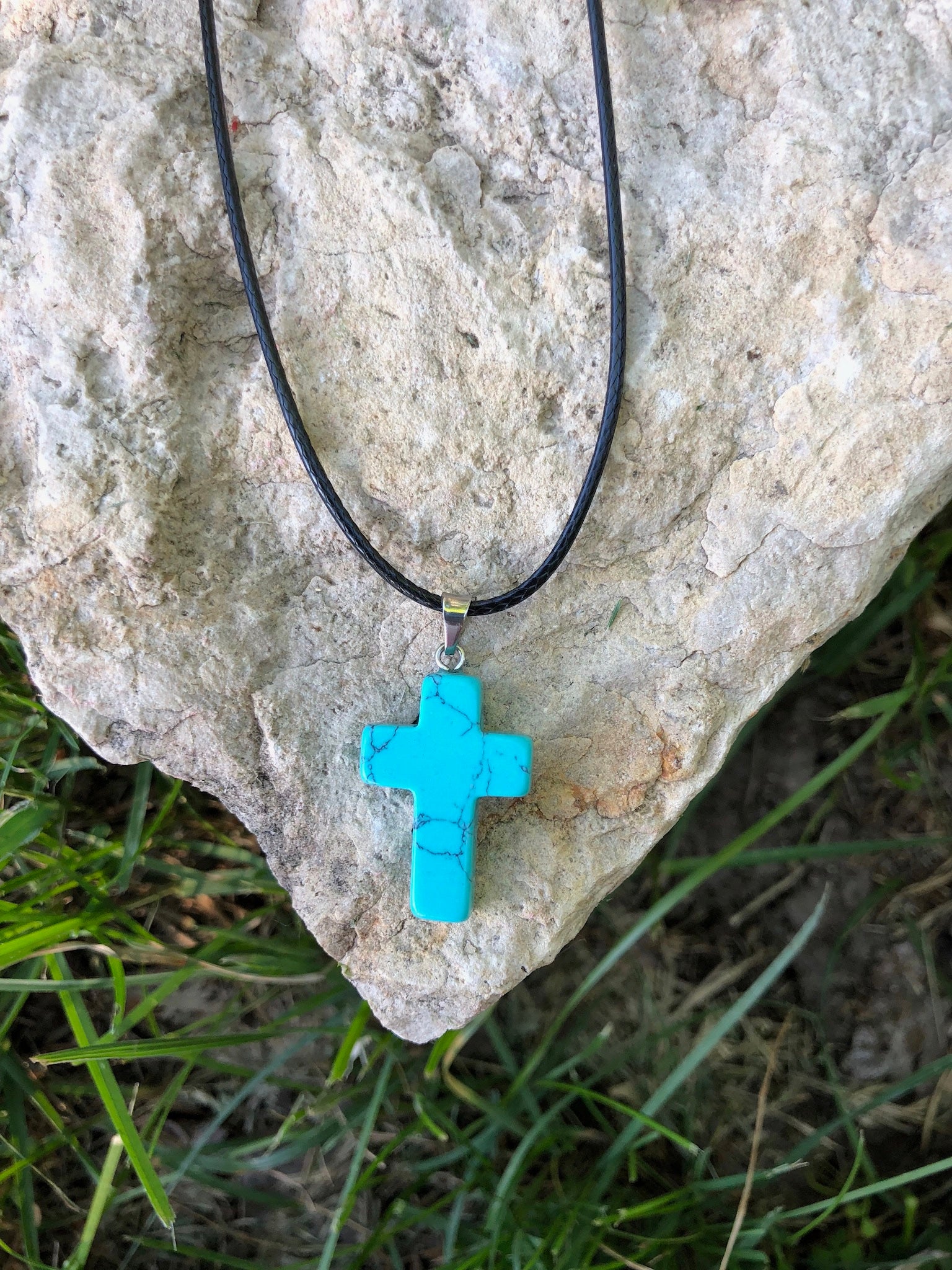 Healing Natural Gemstone Cross Necklace with Black Leather Cord