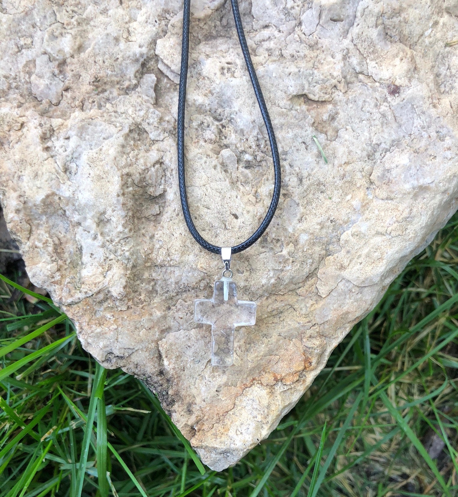 Healing Natural Gemstone Cross Necklace with Black Leather Cord