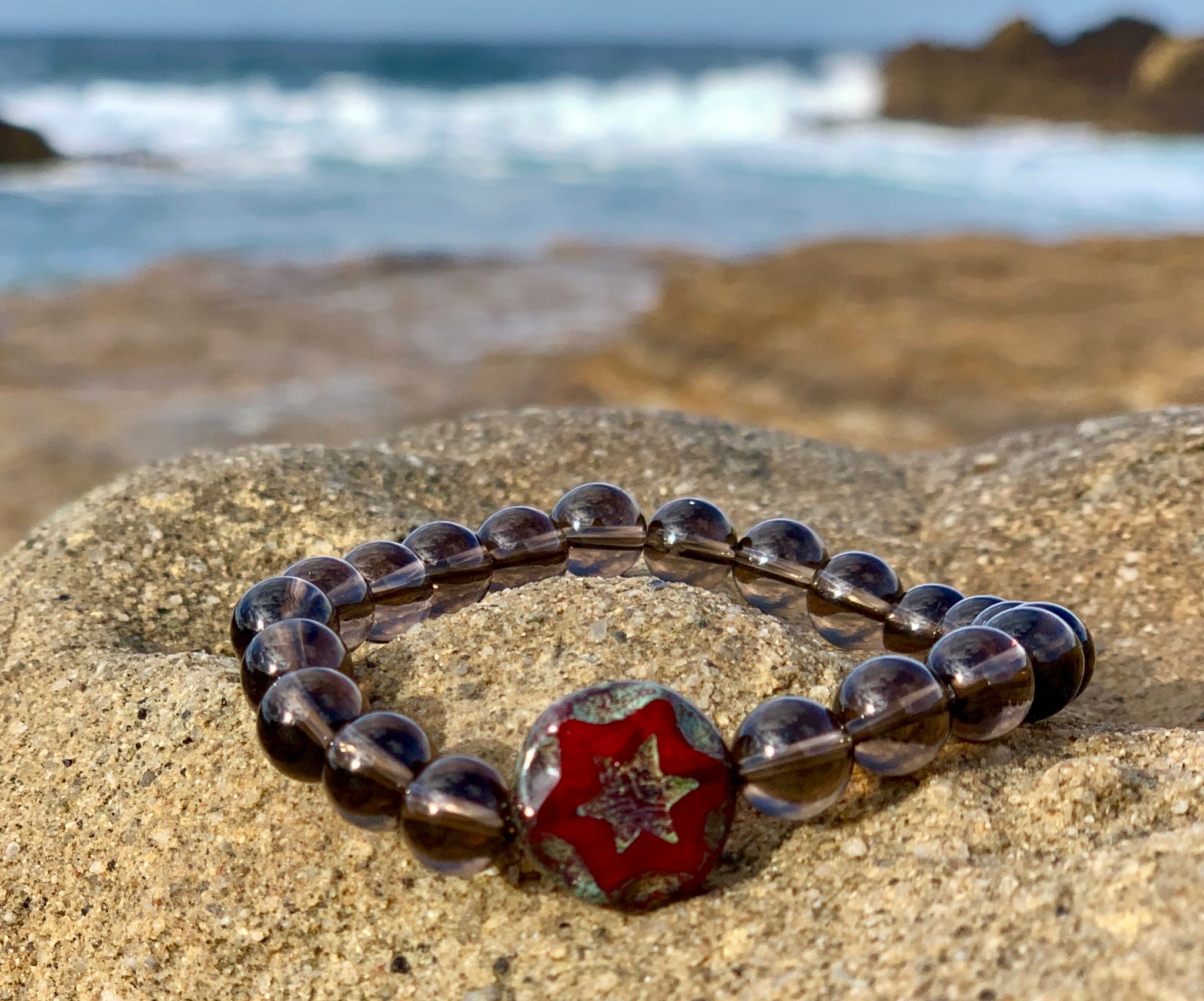 Czech glass star bead and Smoky Quartz Balance Bracelet