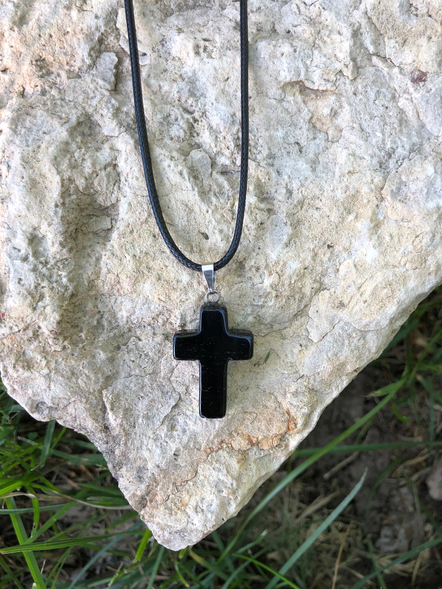 Healing Natural Gemstone Cross Necklace with Black Leather Cord
