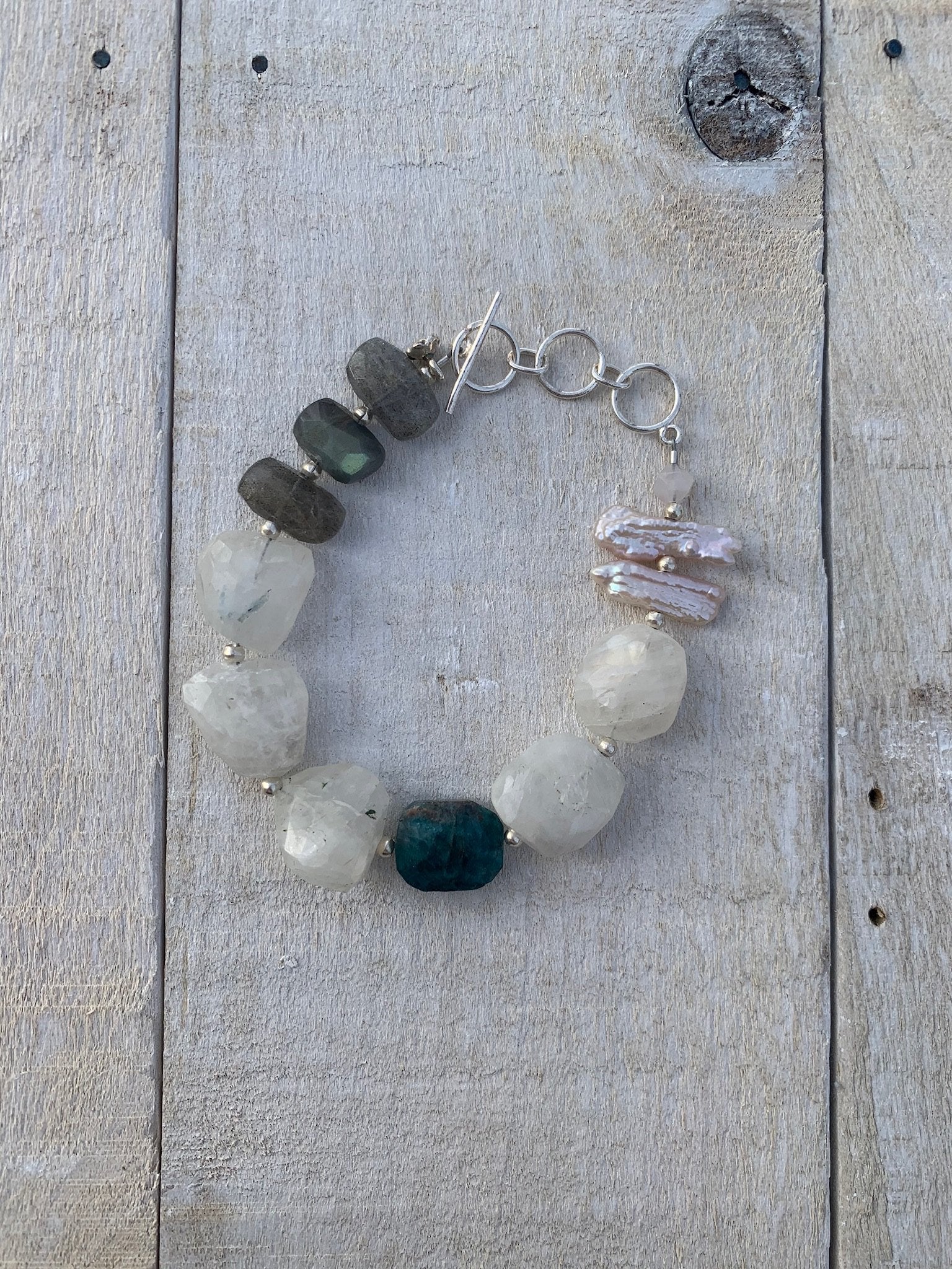 Moonstone, Labradorite, Blue Apatite and Pearl Bracelet