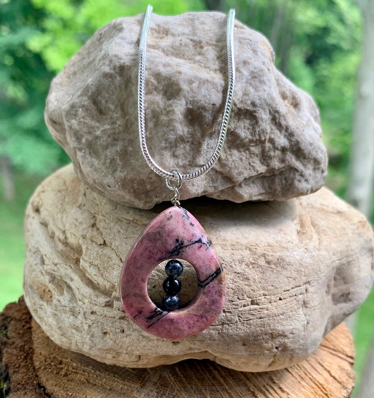 Rhondonite, Black Onyx and Sterling Silver Pendant