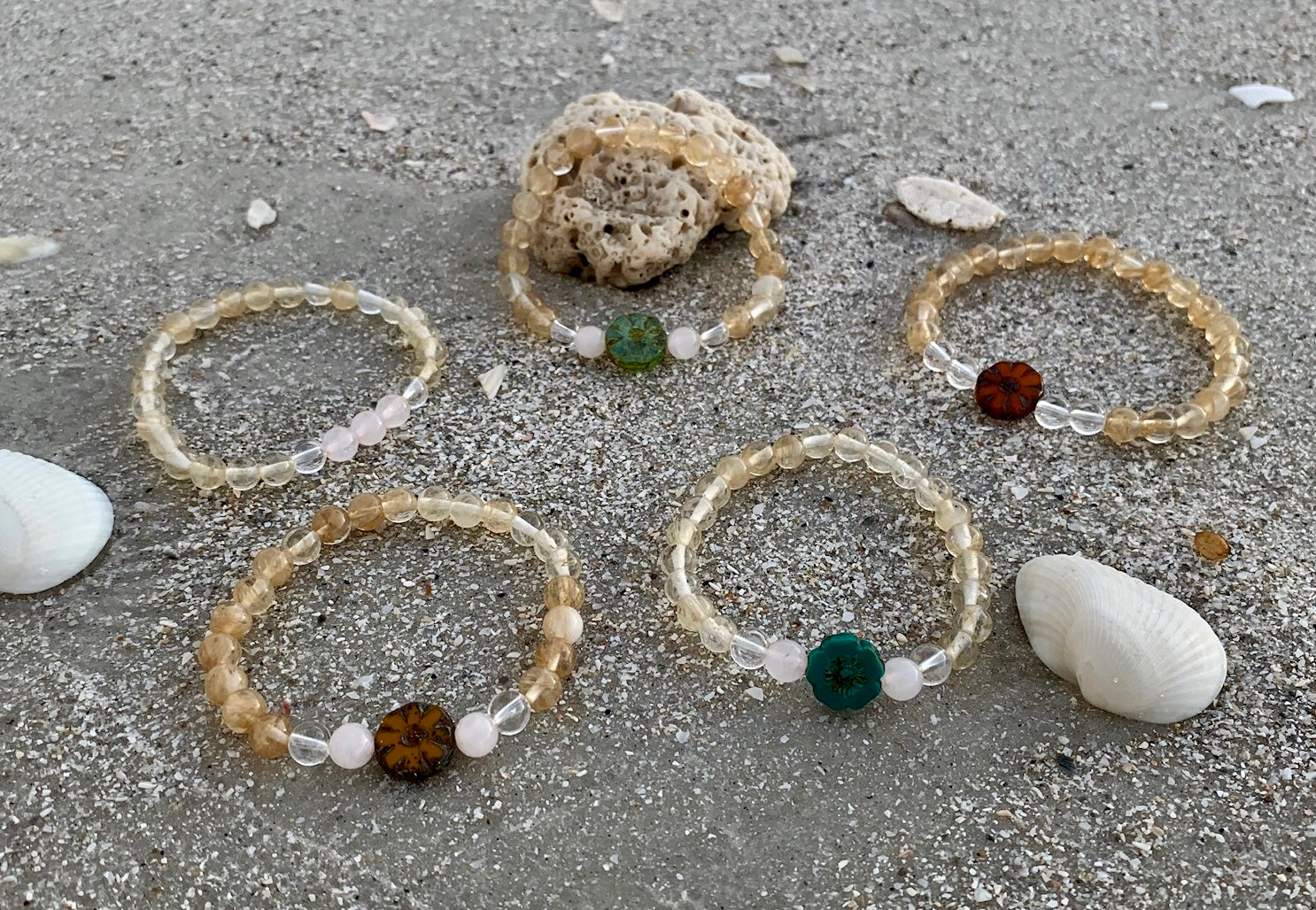 Citrine, Rose Quartz, Clear Quartz and Czech Glass Flower Bracelet Collection