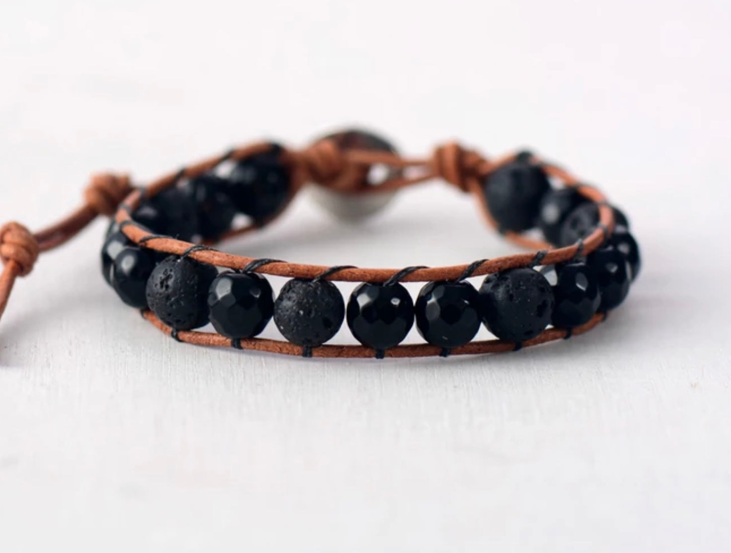 Lava and Onyx Aromatherapy Beaded Leather Bracelet