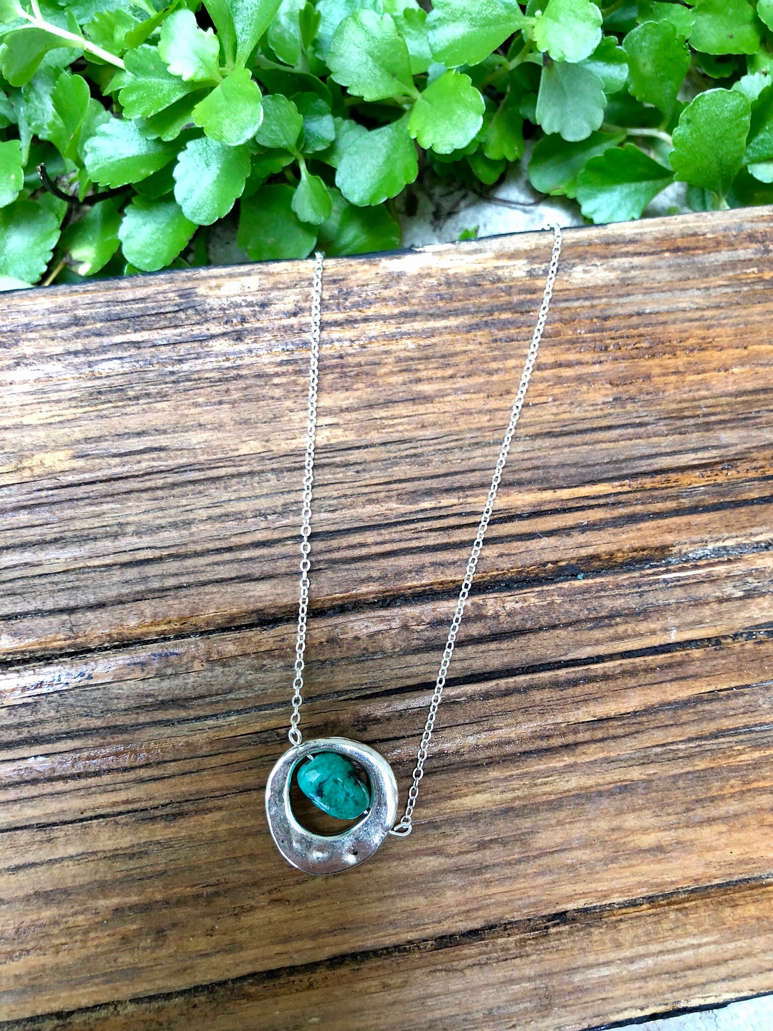 African Turquoise Wavy Framed Sterling Silver Necklace