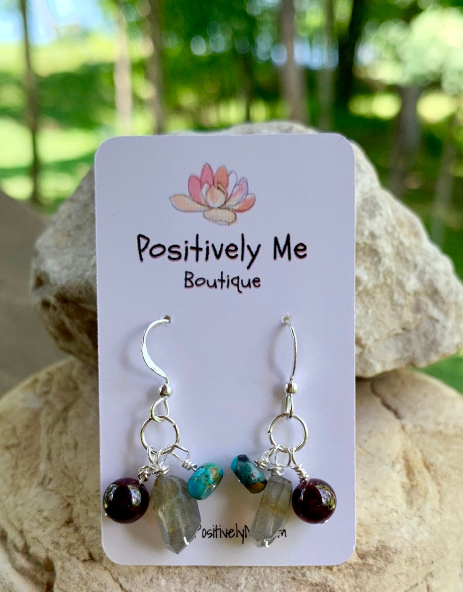 Labradorite, garnet and African turquoise Gemstone Earrings