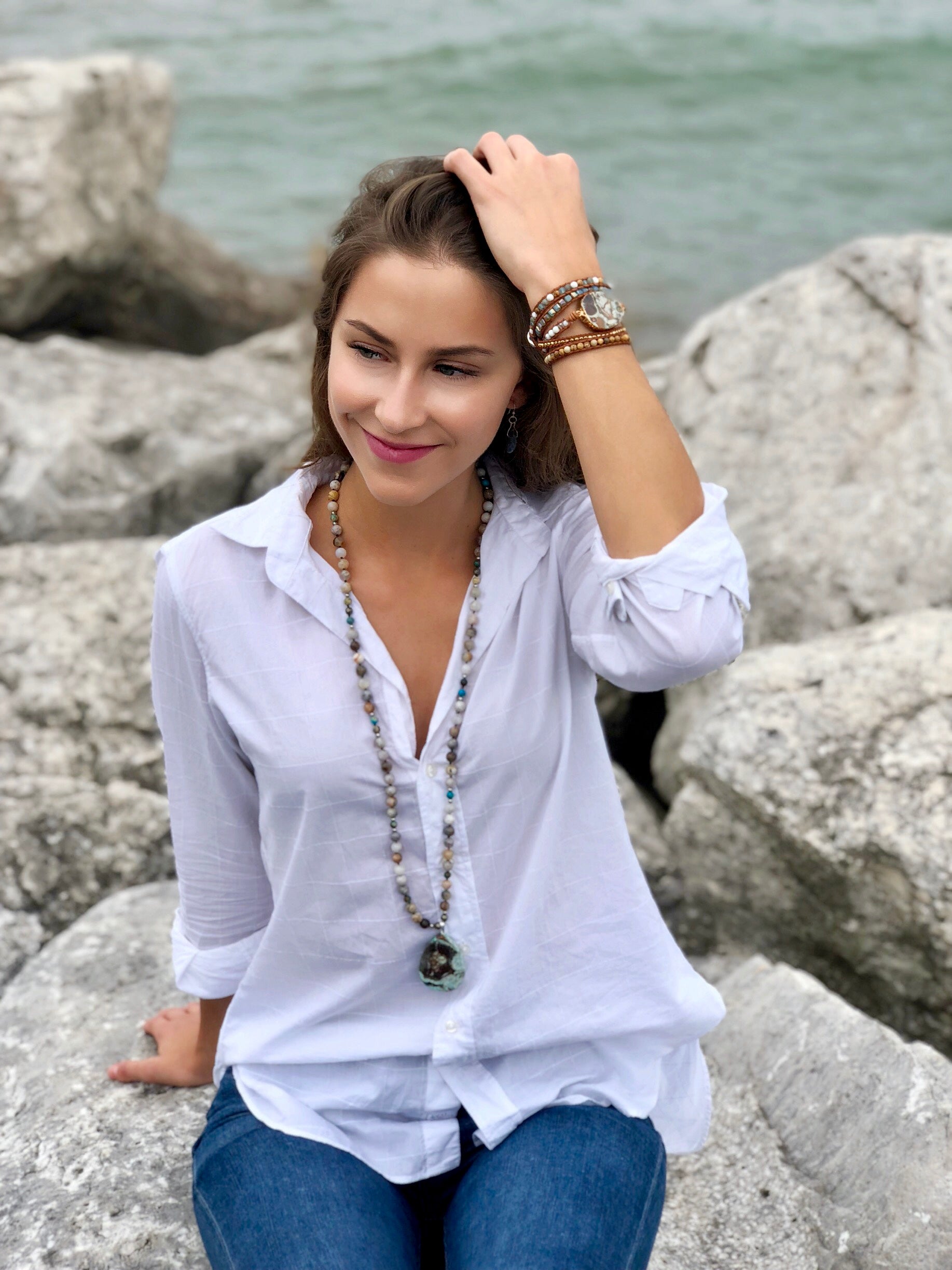 Jasper, Pyrite and Onyx Natural Gemstone Handmade Necklace