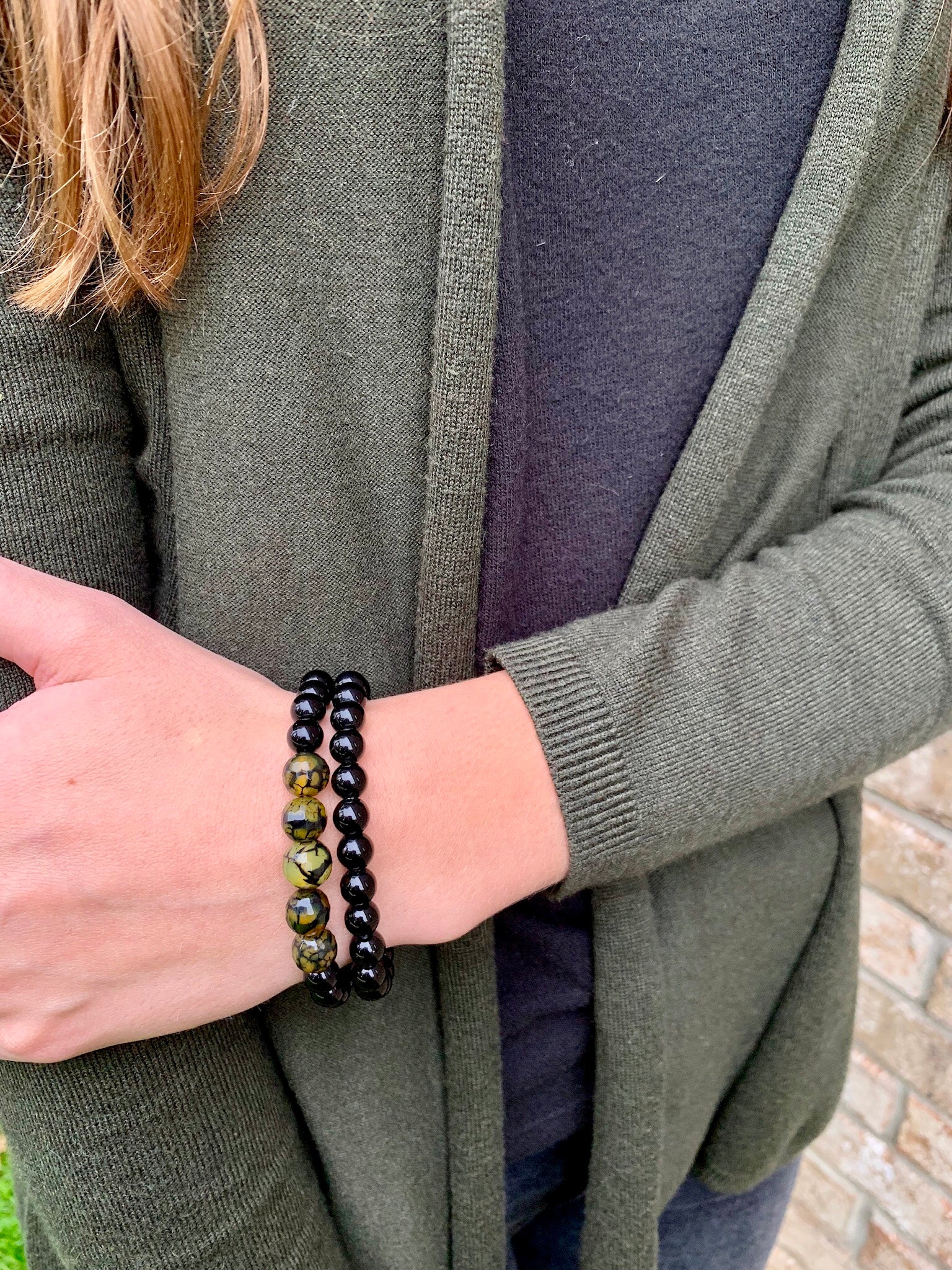 Olive Fire Agate and Black Onyx Bracelet