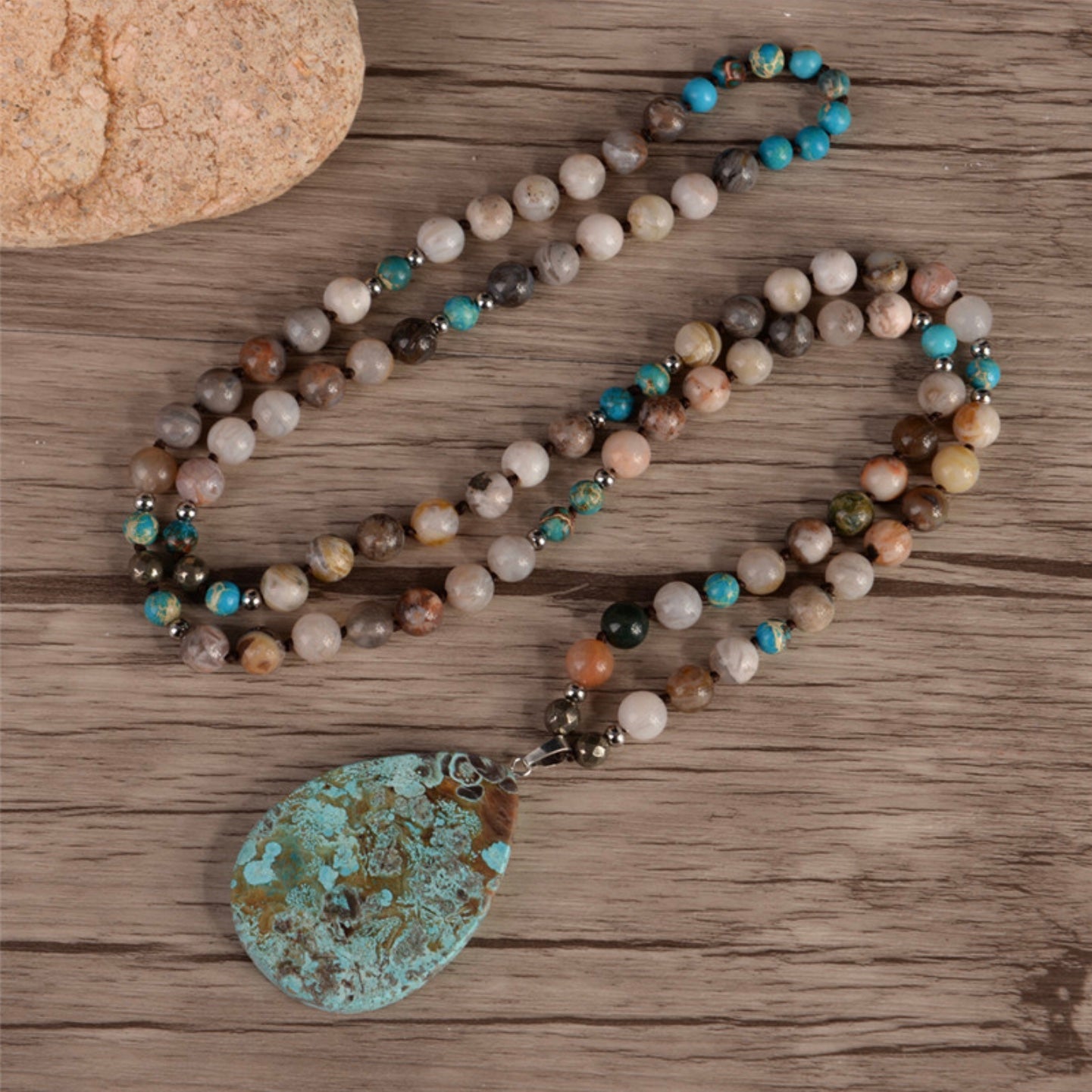 Jasper, Pyrite and Onyx Natural Gemstone Handmade Necklace
