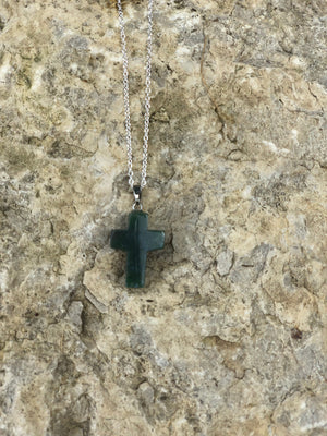 Healing Natural Gemstone Cross Necklace with Sterling Silver Chain