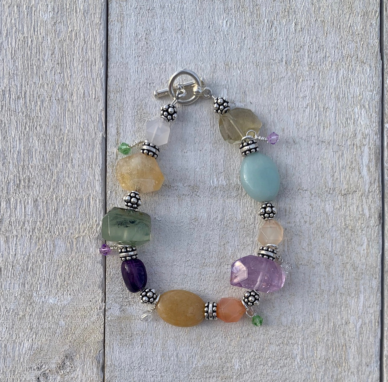 Amazonite, Fluorite, Carnelian, Honey Jade, and Amethyst Bracelet