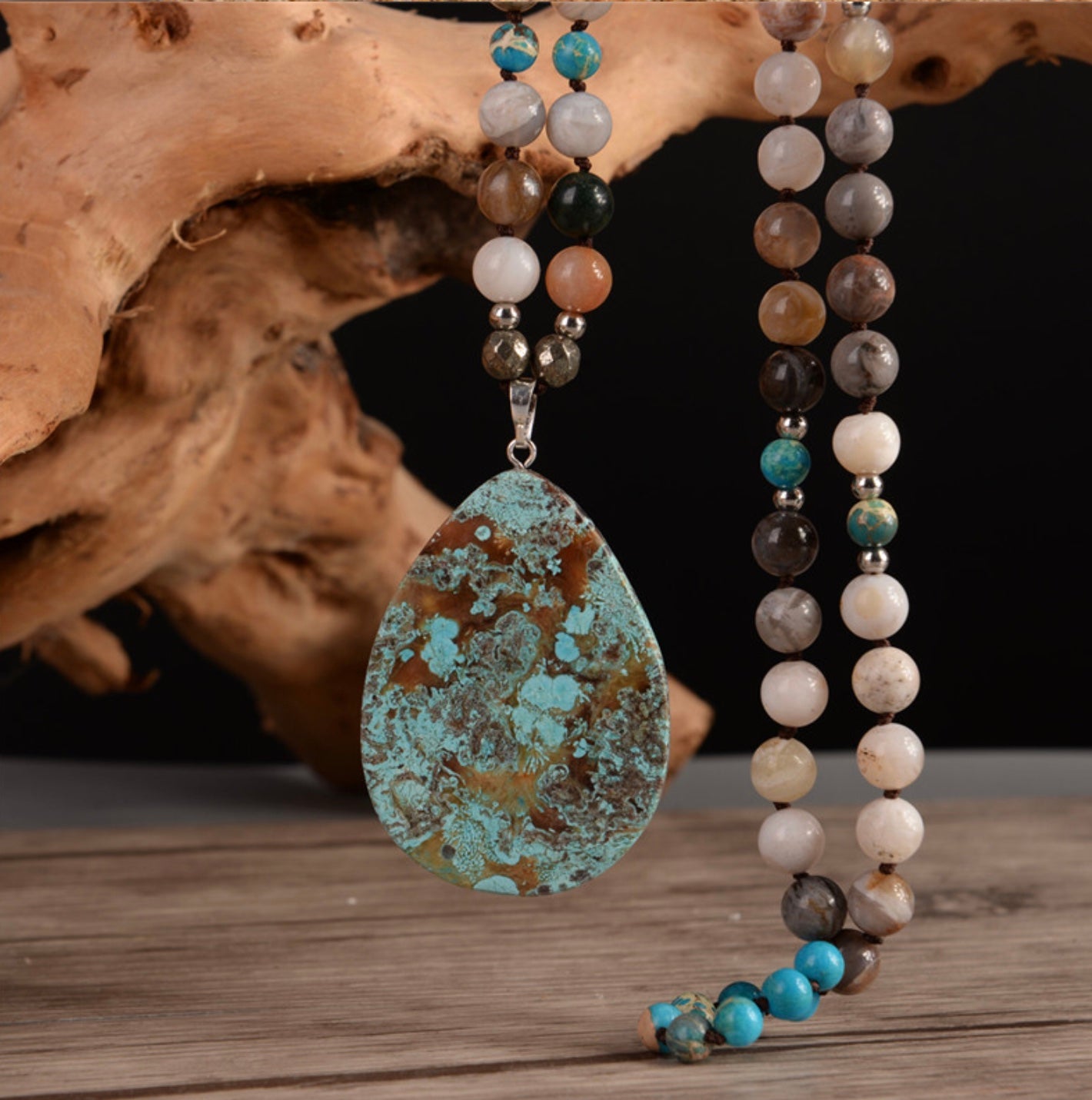 Jasper, Pyrite and Onyx Natural Gemstone Handmade Necklace