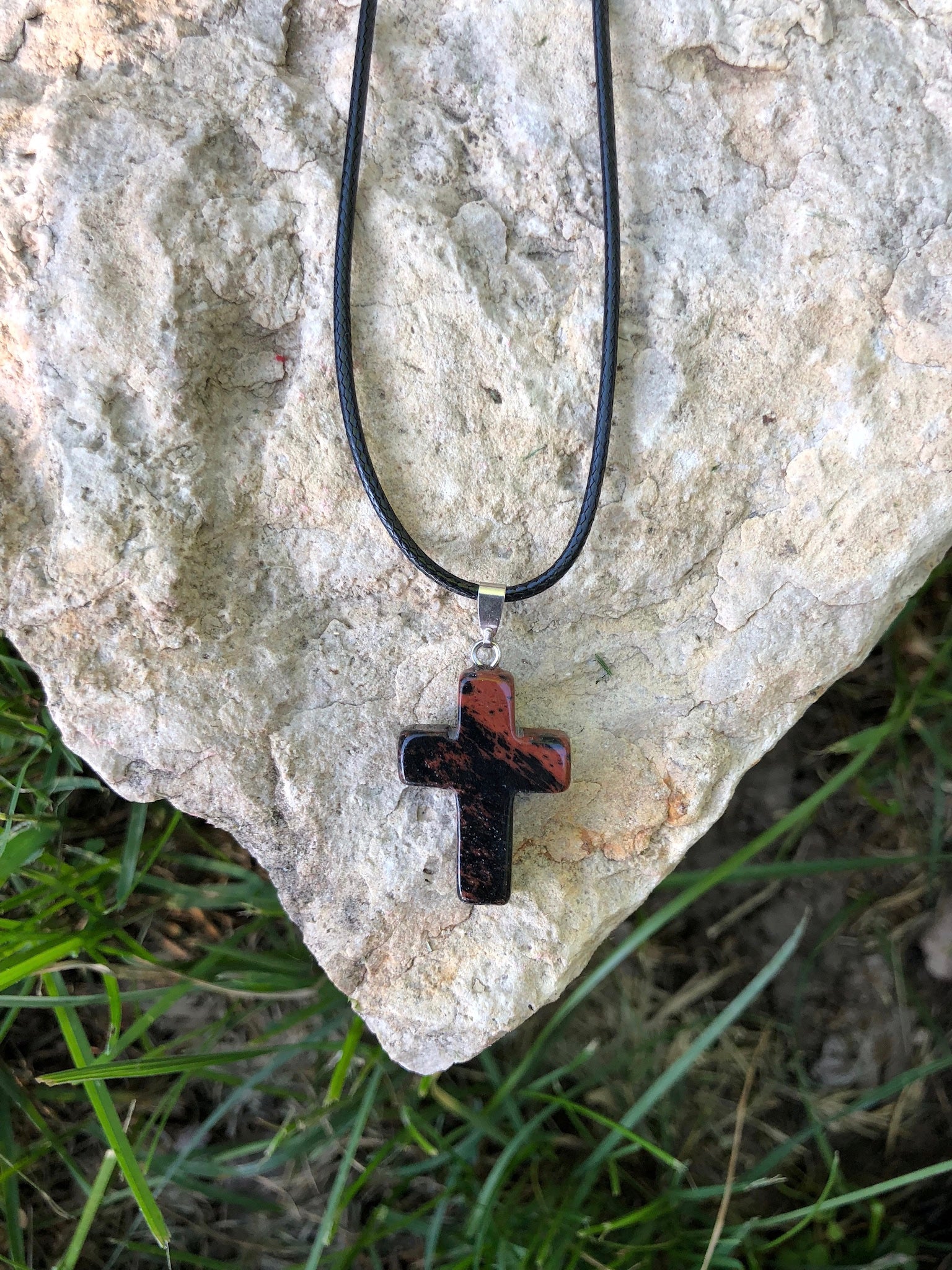 Healing Natural Gemstone Cross Necklace with Black Leather Cord