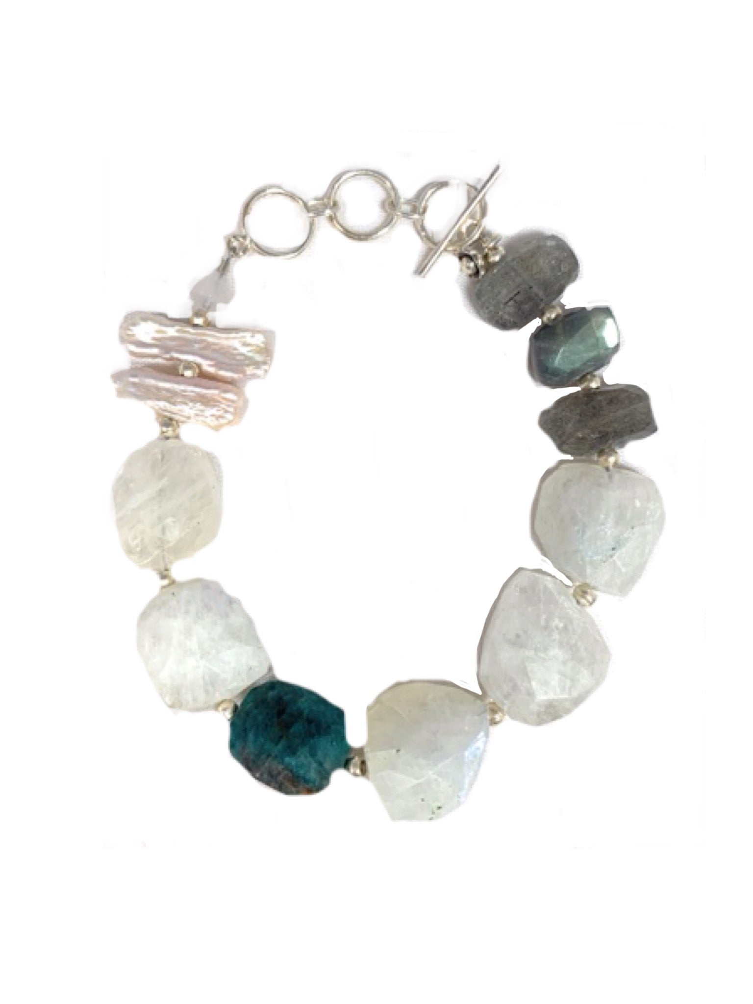 Moonstone, Labradorite, Blue Apatite and Pearl Bracelet