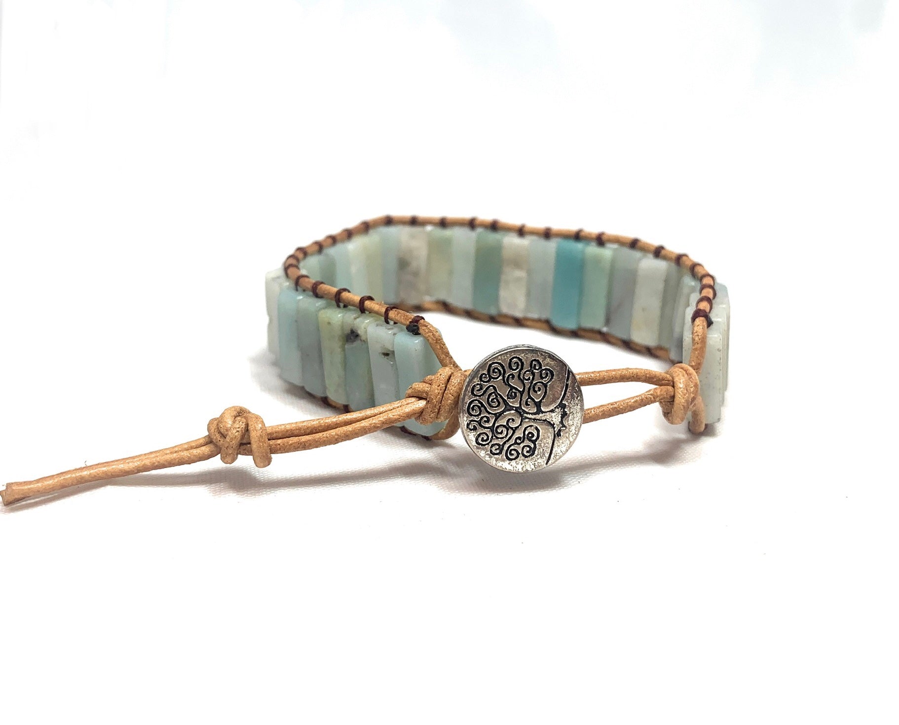 Amazonite Tree of Life Leather Bracelet