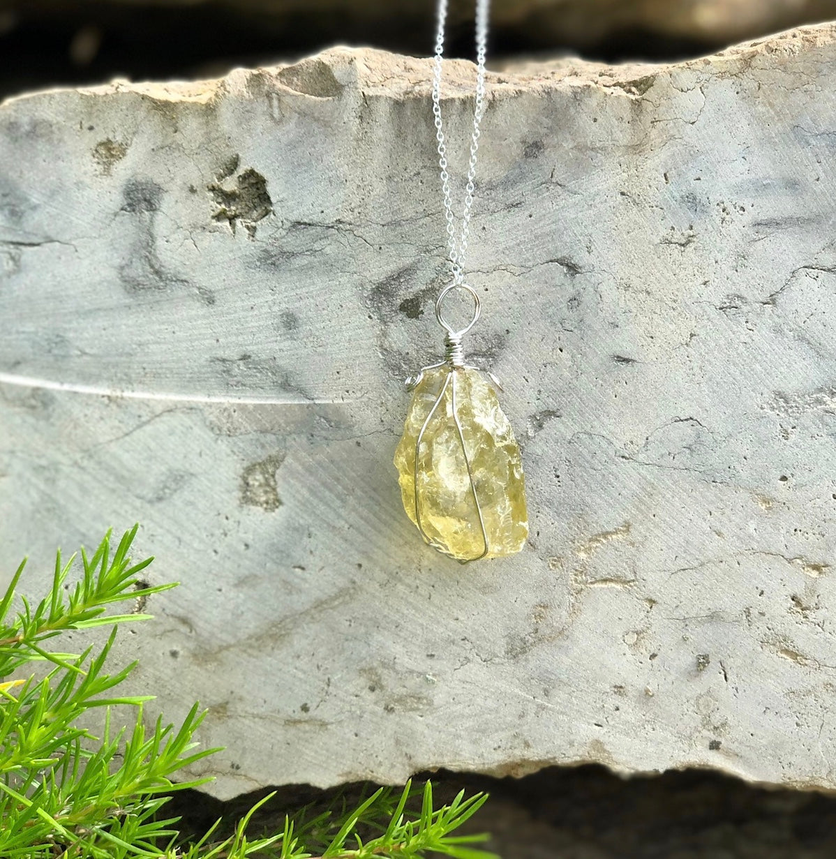 Yellow Fluorite Crystal Wire Wrapped Necklace