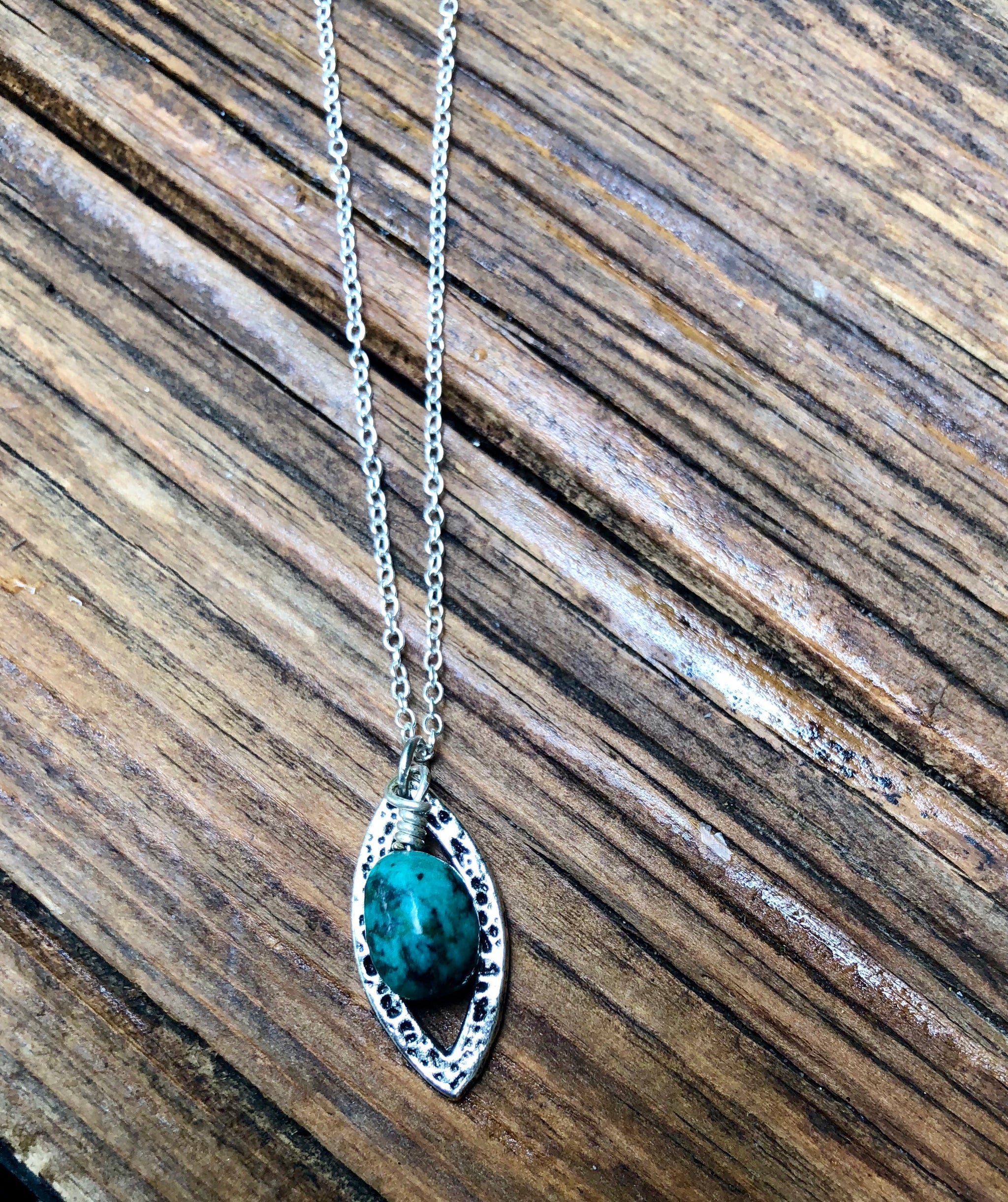 African Turquoise Leaf Framed Sterling Silver Necklace