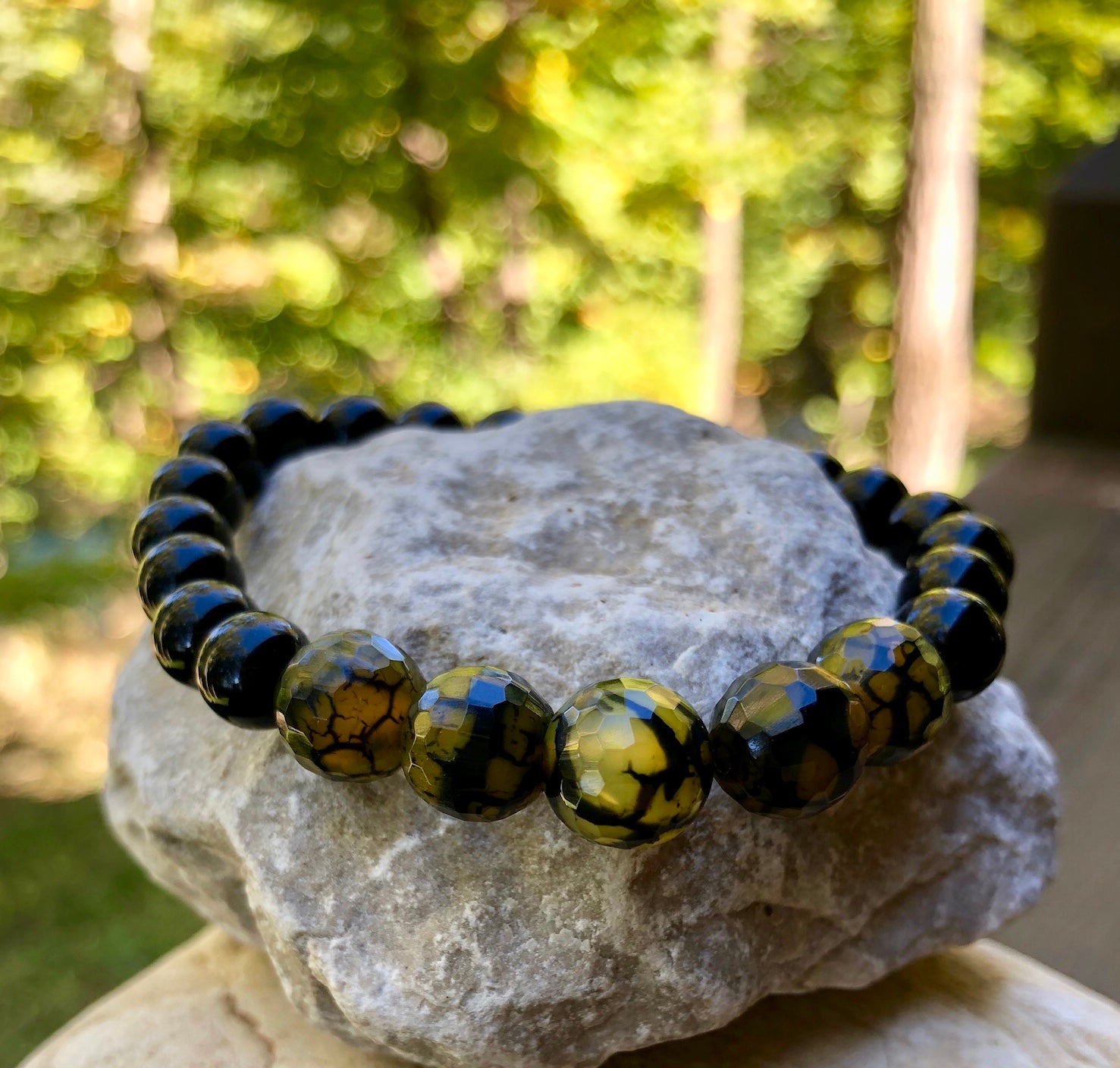 Olive Fire Agate and Black Onyx Bracelet