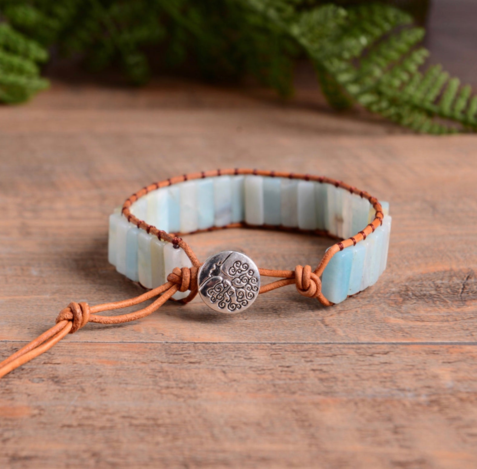 Amazonite Tree of Life Leather Bracelet