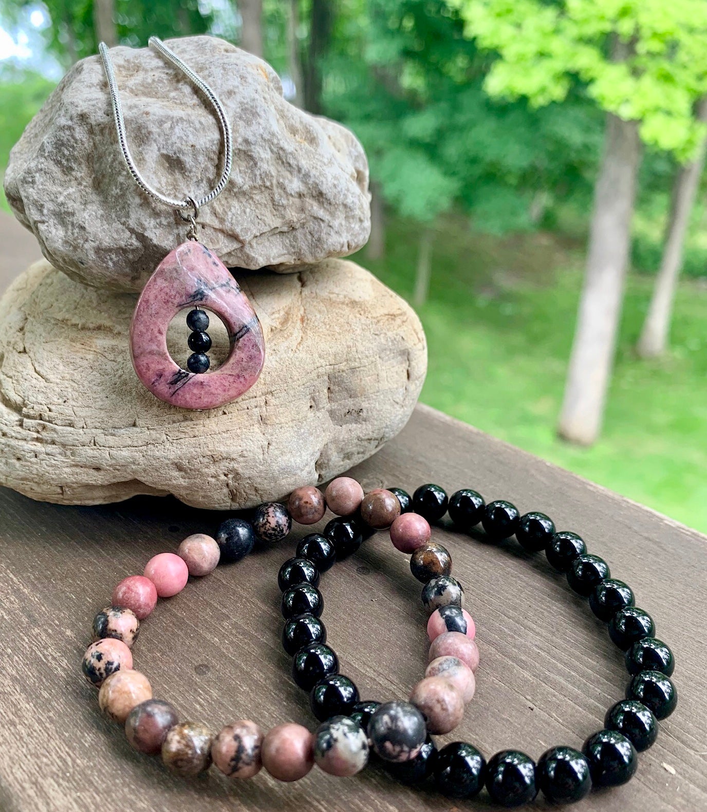 Rhondonite, Black Onyx and Sterling Silver Pendant