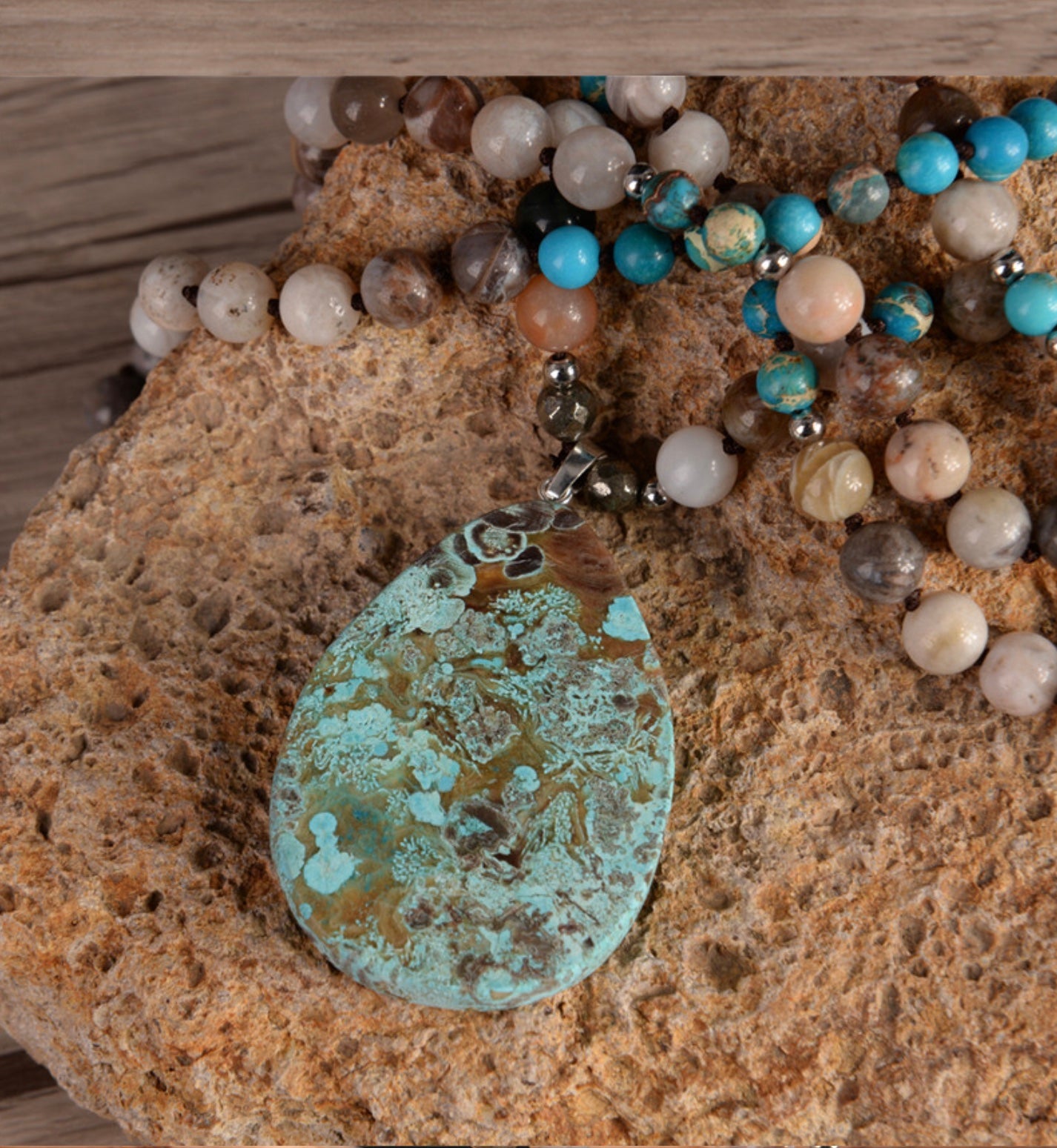 Jasper, Pyrite and Onyx Natural Gemstone Handmade Necklace