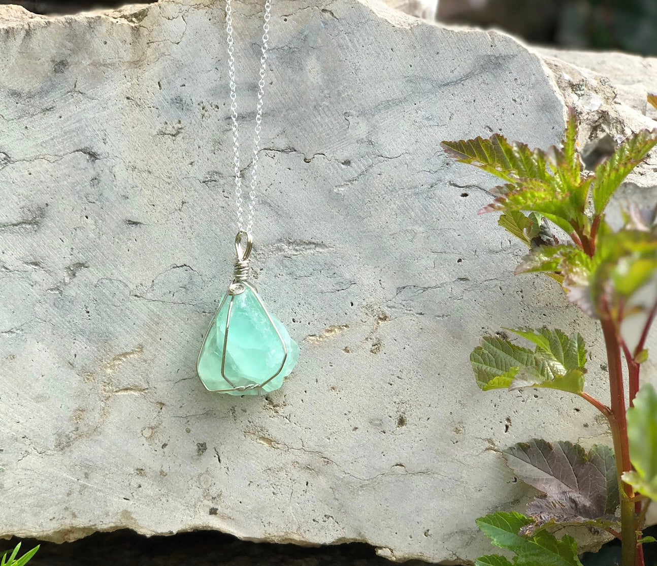 Green Fluorite Crystal Wire Wrapped Necklace