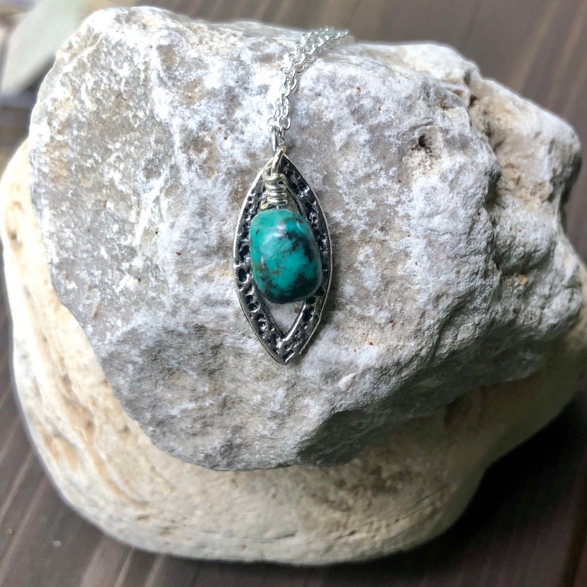 African Turquoise Leaf Framed Sterling Silver Necklace