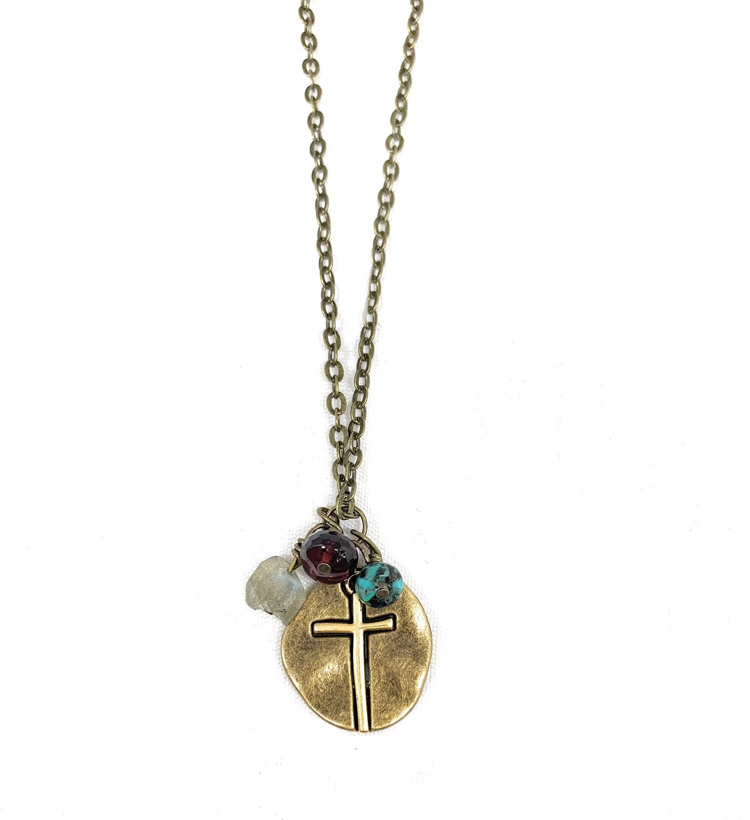 Labradorite, garnet and African turquoise Gemstone and Cross pendant Necklace