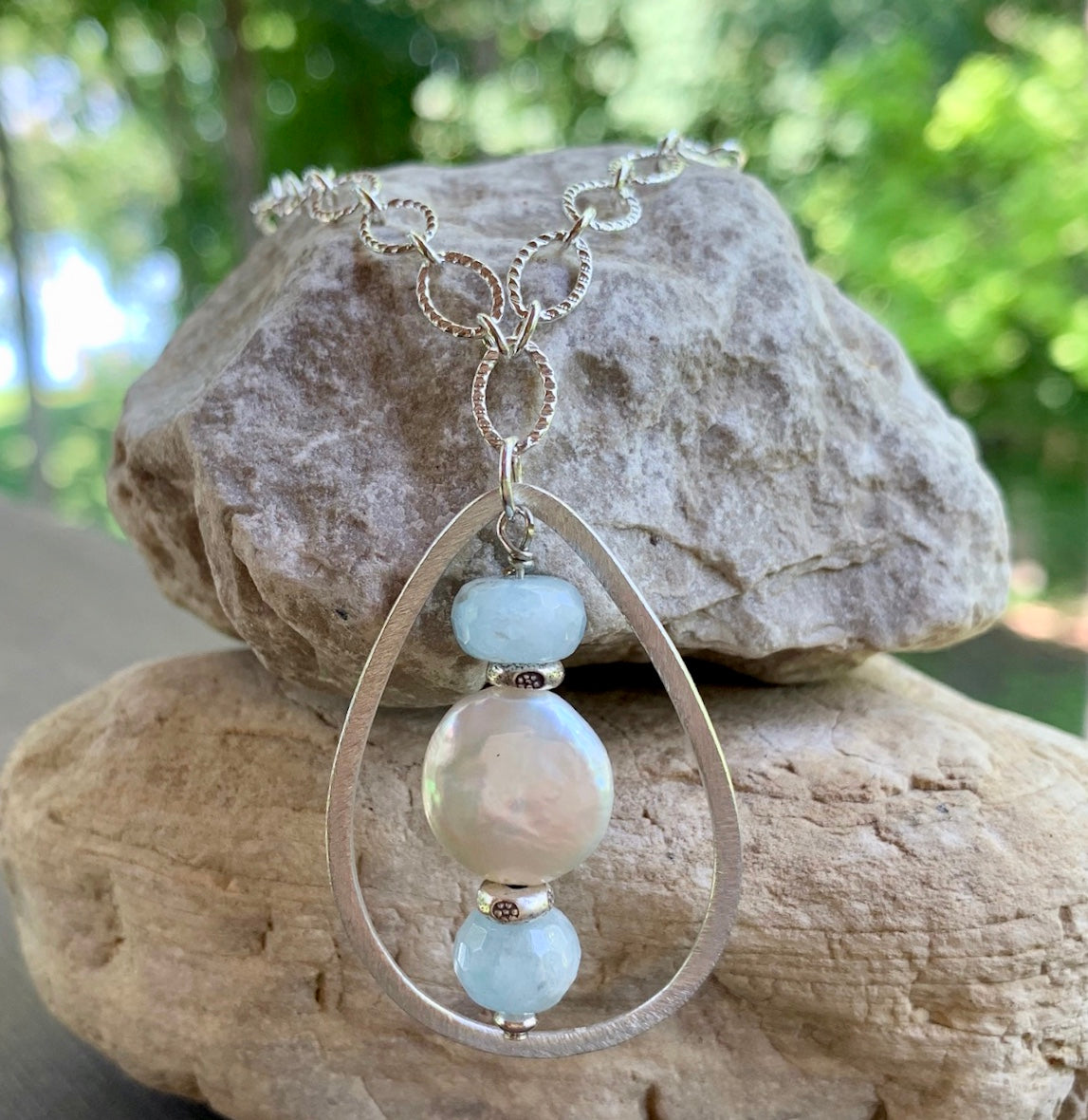 Fresh Water Pearl and Aquamarine Gemstone Large Pendant