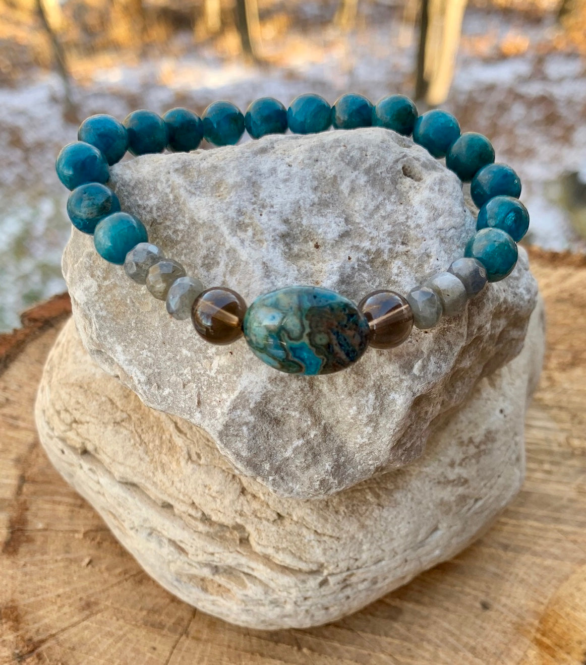Blue Apatite, Smoky Quartz and Labradorite Bracelet