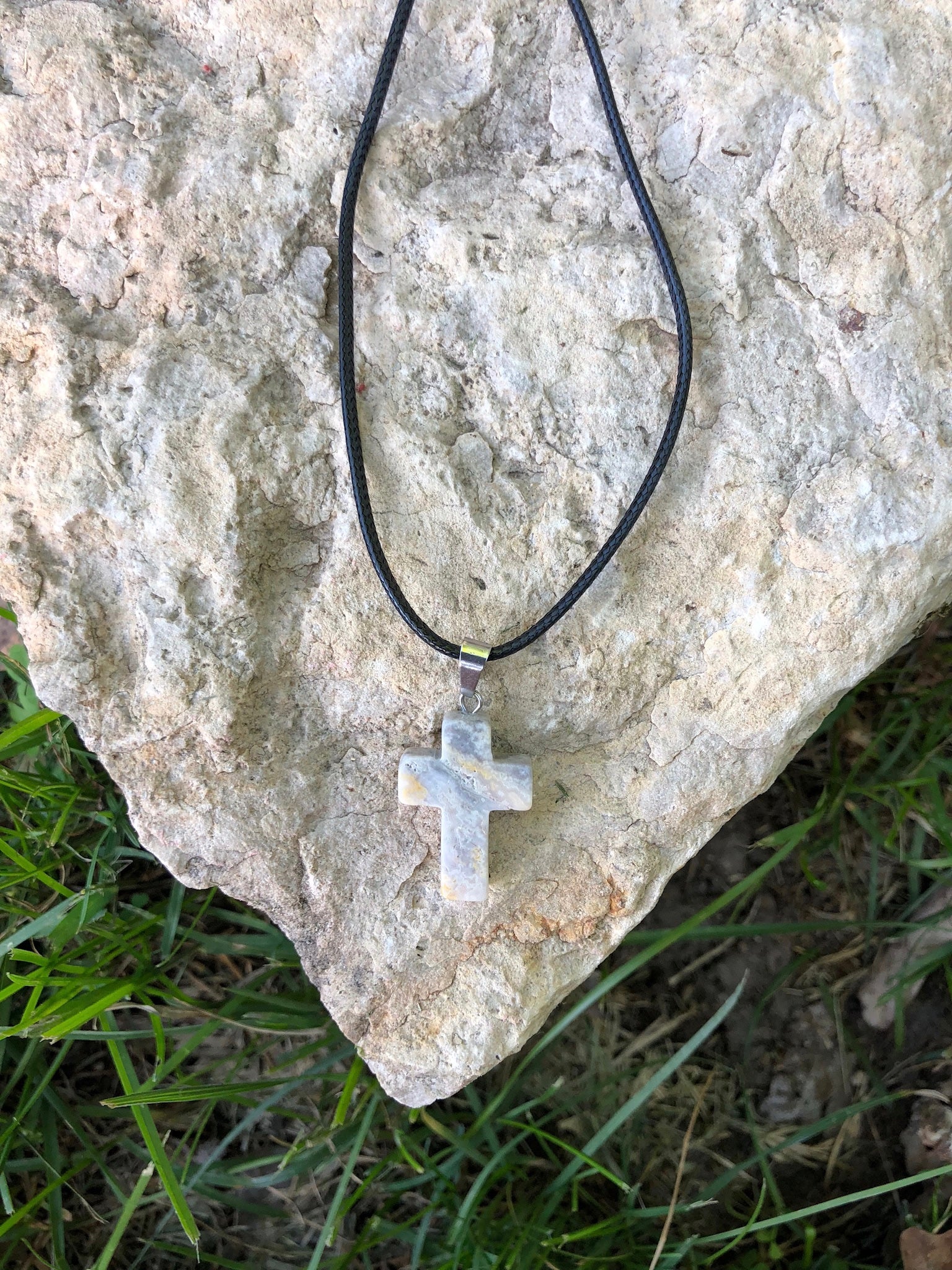 Healing Natural Gemstone Cross Necklace with Black Leather Cord
