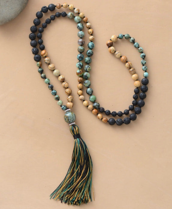 African Turquoise, Jasper and Lava 108 Bead Mala Necklace