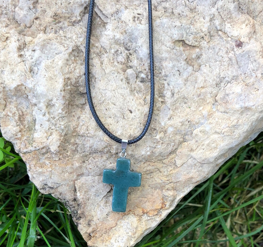 Healing Natural Gemstone Cross Necklace with Black Leather Cord