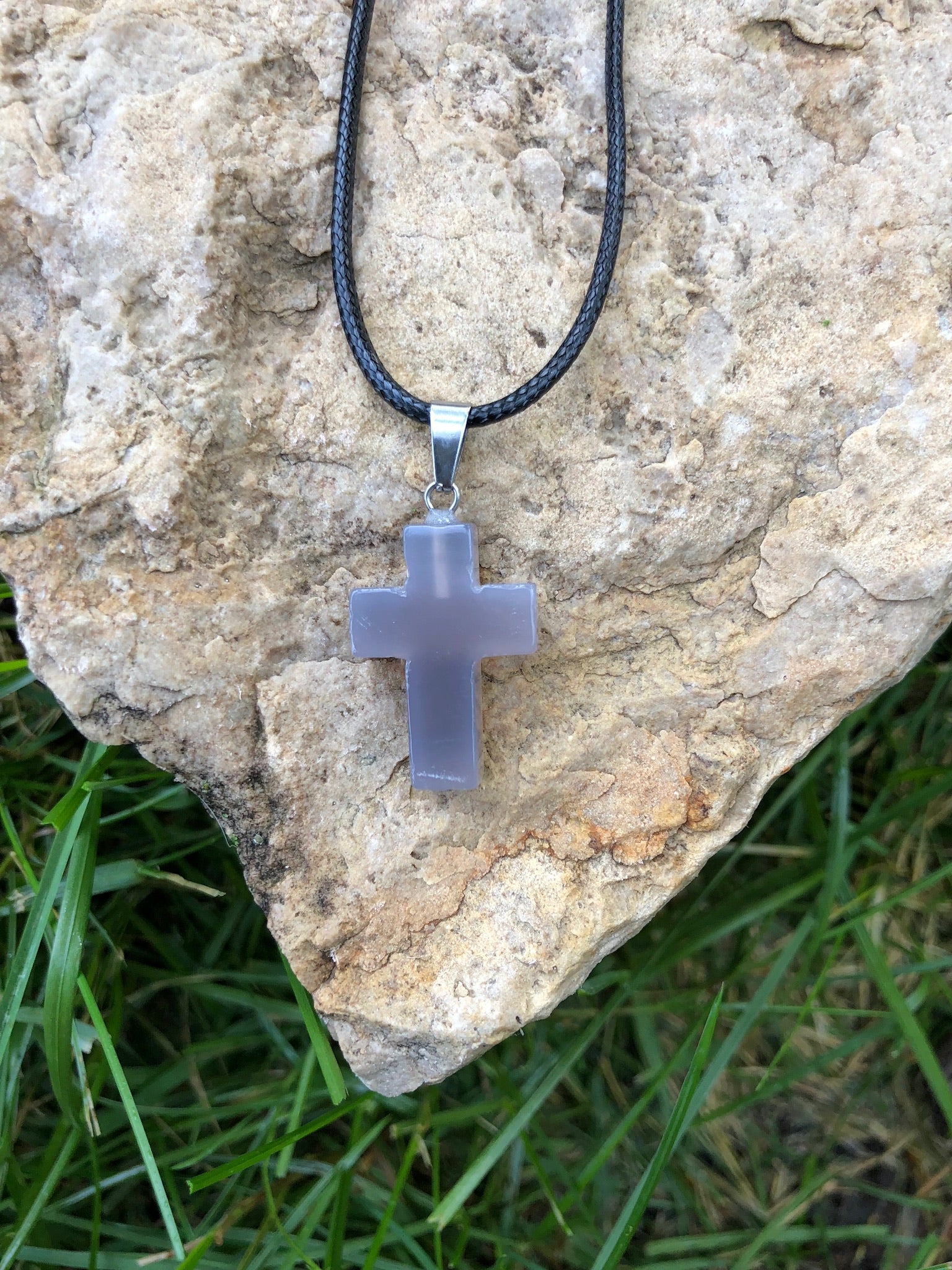 Healing Natural Gemstone Cross Necklace with Black Leather Cord