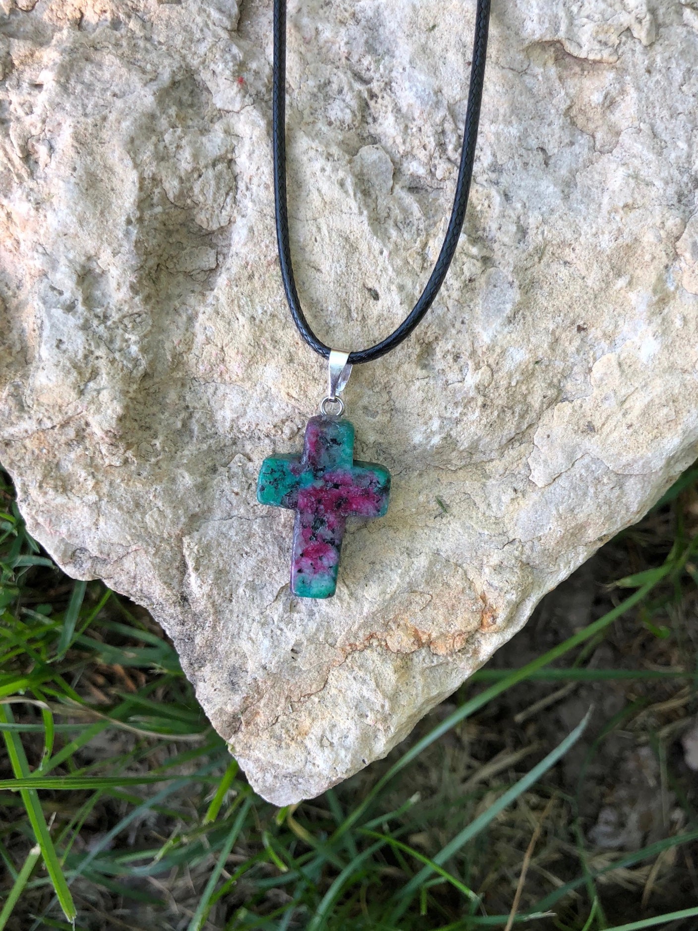 Healing Natural Gemstone Cross Necklace with Black Leather Cord