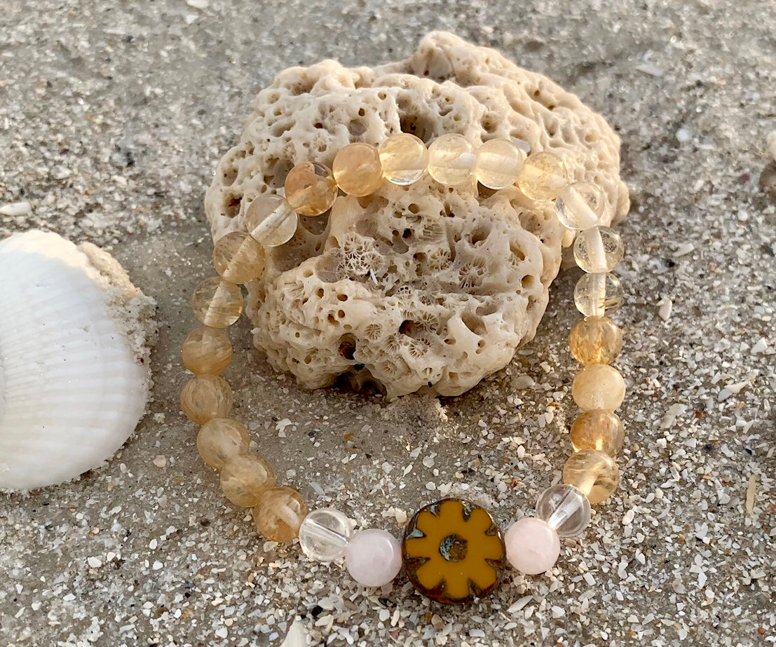 Citrine, Rose Quartz, Clear Quartz and Czech Glass Flower Bracelet Collection
