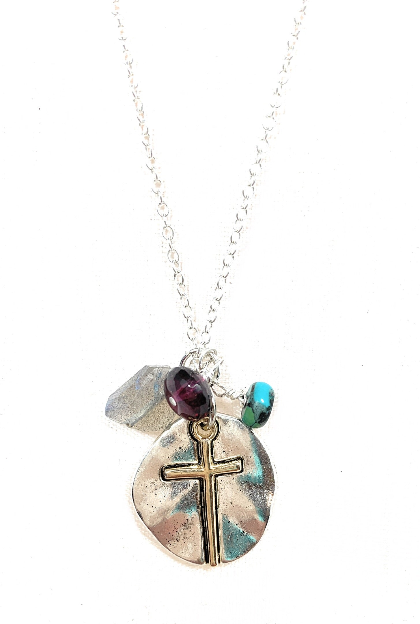 Labradorite, garnet and African turquoise Gemstone and Cross pendant Necklace