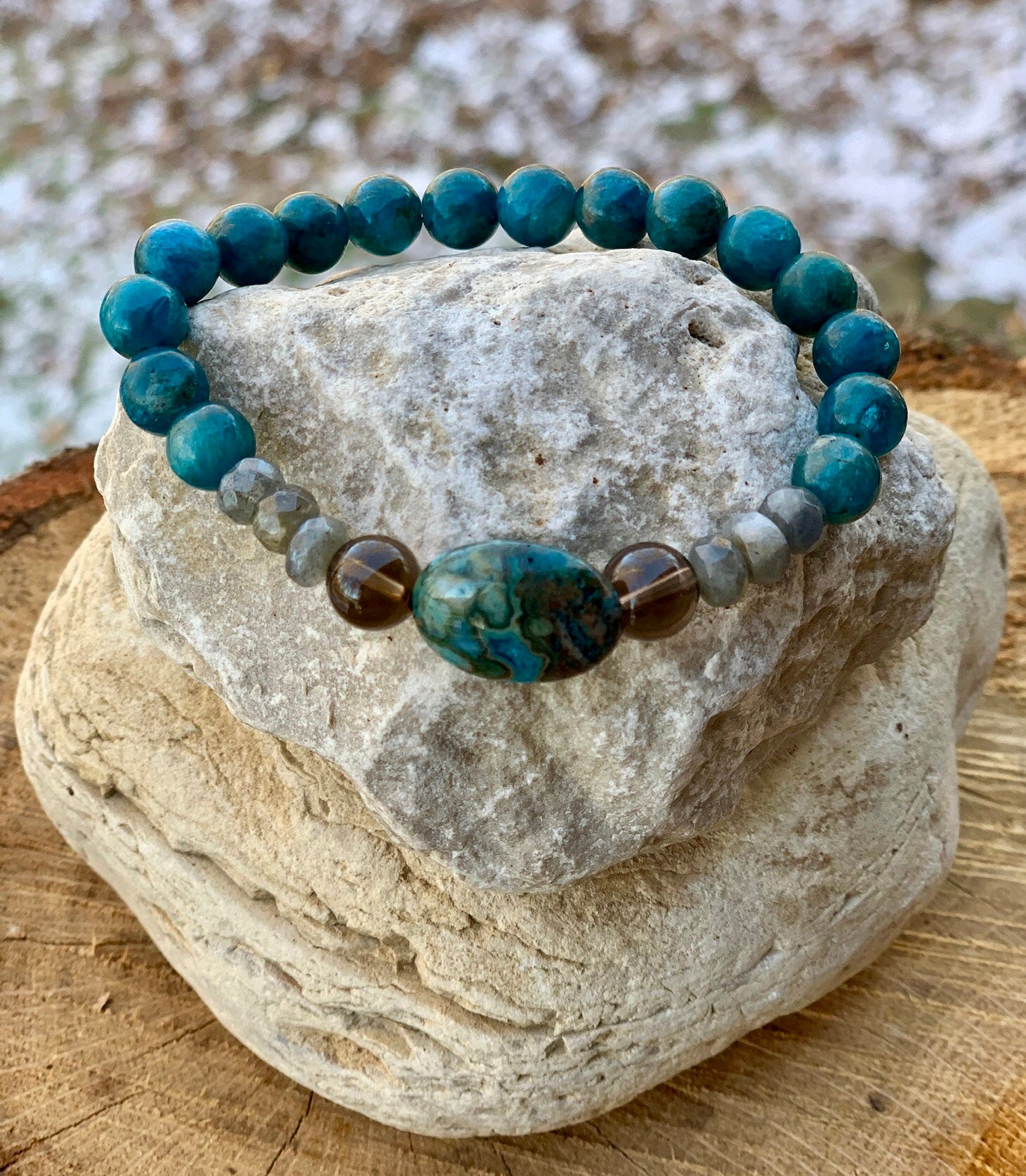 Blue Apatite, Smoky Quartz and Labradorite Bracelet