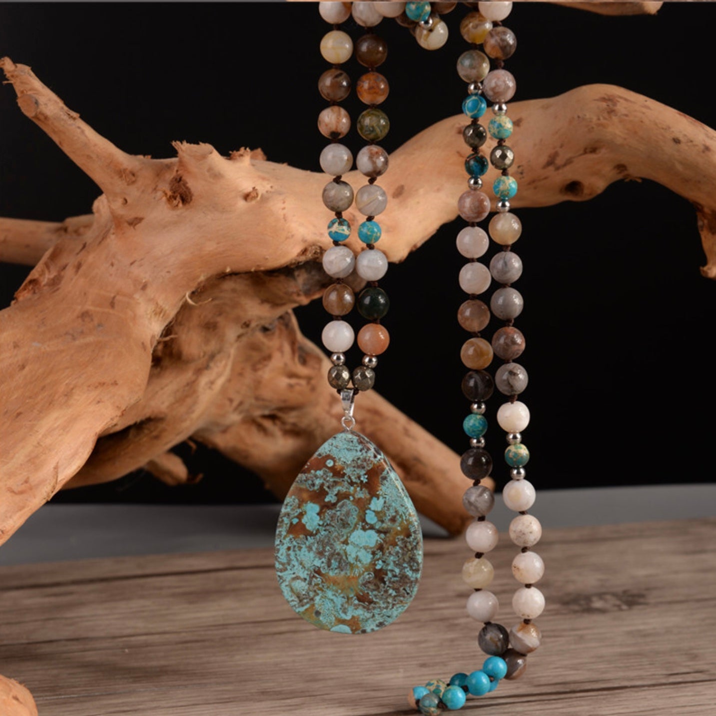 Jasper, Pyrite and Onyx Natural Gemstone Handmade Necklace