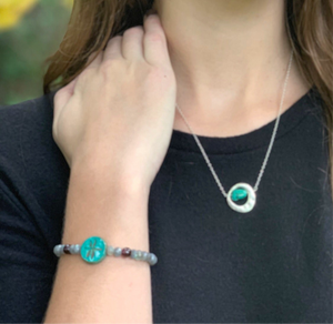 African Turquoise Wavy Framed Sterling Silver Necklace